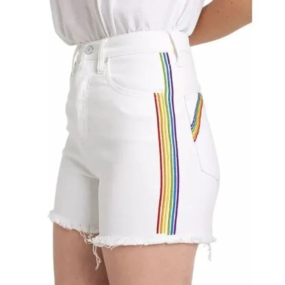 Celebrity‎ Pink Jean Shorts 0 White Juniors' Rainbow Stripe Stretch Raw-Hem NEW - Picture 13 of 13